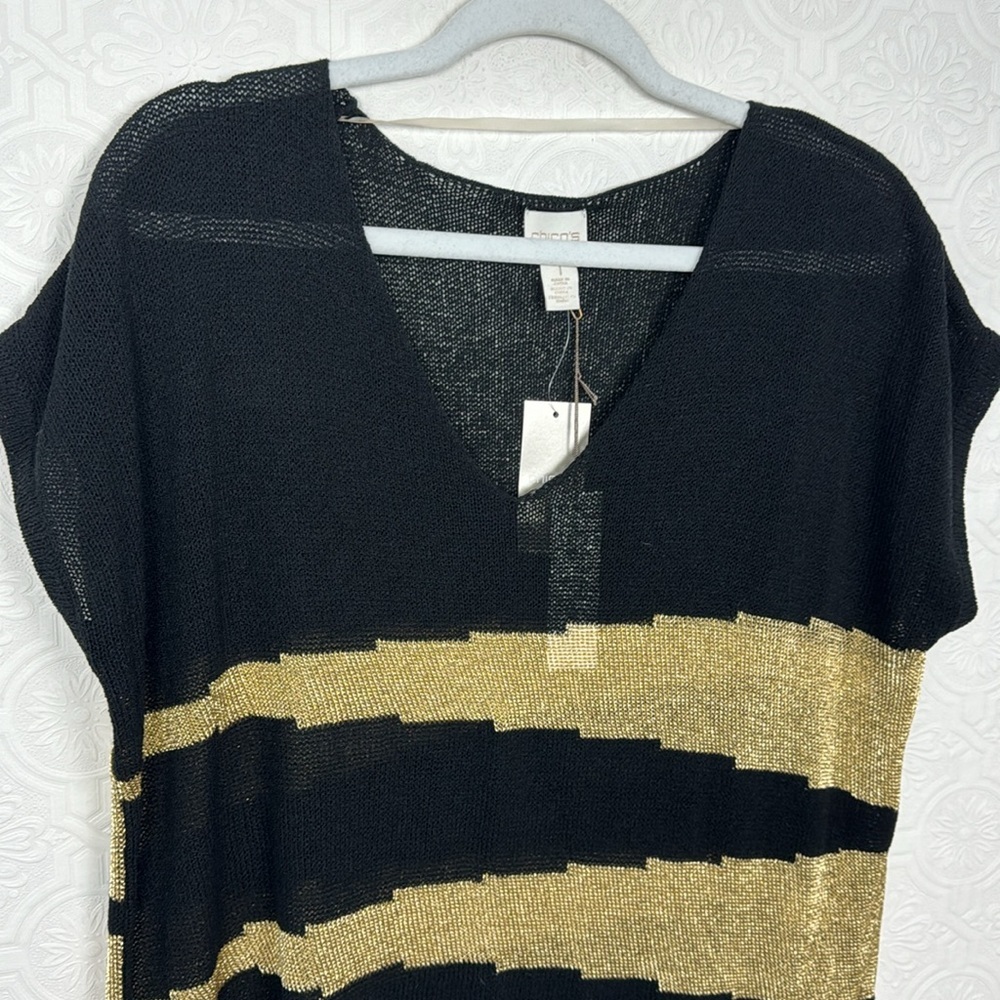 NWT Chicos Jazzy Jessica Pullover Tunic Sweater Gold Shimmer Black Abstract SS - Picture 2 of 8